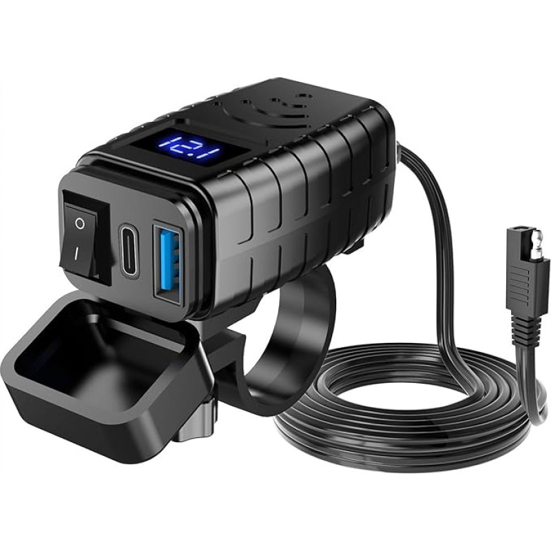 Motorcycle Mobile Phone Charger 12-24 V with High Current QC3.0 +PD Dual Port with Digital Voltmeter Display and Switch Quick Charge 12-24 V Motorcycle