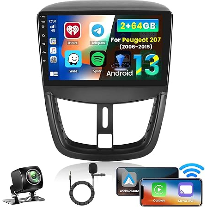 Inefala 2 + 64G Android CarPlay Radio for Peugeot 207 207cc 2006-2015, 9 Inch Touchscreen with Wireless CarPlay and Android Car, Support GPS Navigation Link Mirror Bluetooth RDS AHD DSP