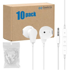 Geekria Headphones with 3.5mm Plug and Microphone, Premium Wired Earphones Bulk Pack Stereo In-Ear Headphones with Microphone and Volume Control, Affordable Wholesale Earbuds (10