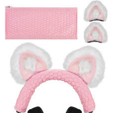 Geekria NOVA Knitted Fabric Headband Cover + Cat Ear Attachment Compatible with Razer, SteelSeries, HyperX Sennheiser, Astro, Sony, Logitech, ATH Headphones, Head Cushion Protector (White/Pink)