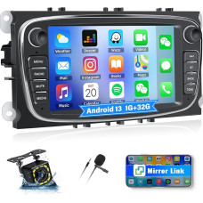 CAMECHO Android 13 1G + 32G Car Radio for Ford Focus Mondeo Galaxy Kuga C-MAX S-MAX, 7 Inch Touchscreen Stereo with Mirror Link Auto/Wi-Fi/Bluetooth/1080P+AHD Reversing Camera + Mic