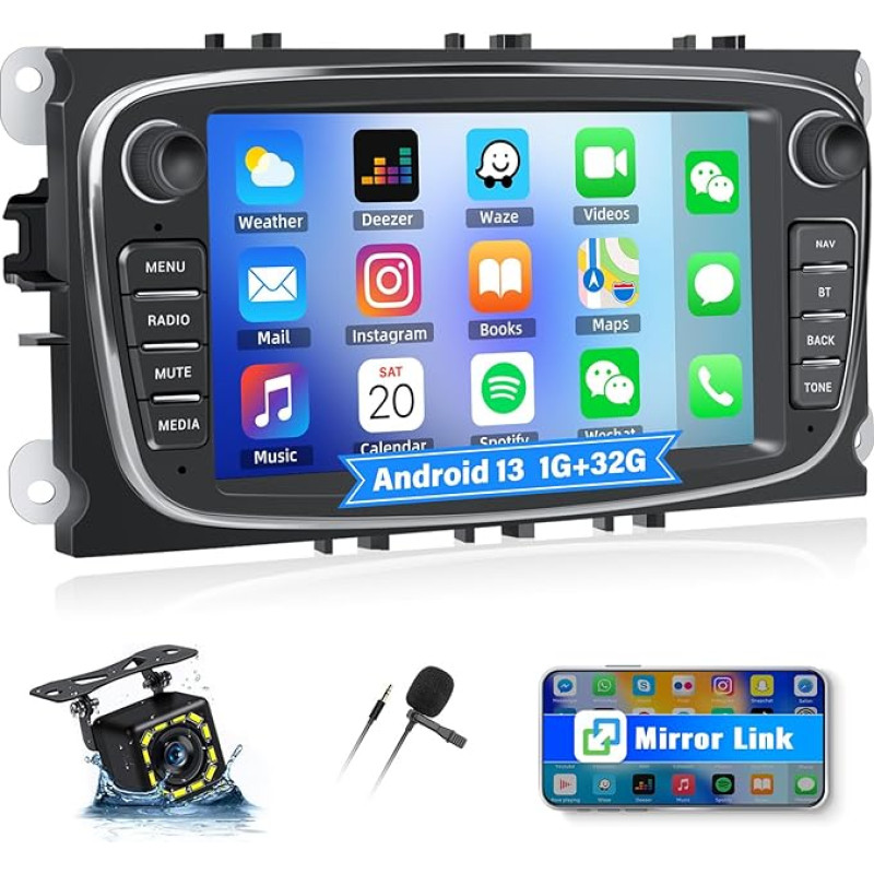 CAMECHO Android 13 1G + 32G Car Radio for Ford Focus Mondeo Galaxy Kuga C-MAX S-MAX, 7 Inch Touchscreen Stereo with Mirror Link Auto/Wi-Fi/Bluetooth/1080P+AHD Reversing Camera + Mic