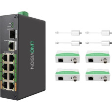 LINOVISION pramoninis 8 prievadų EOC ir POE jungiklis su 4 EOC siųstuvais, didelio nuotolio PoE per koaksialinį arba UTP kabelį, supaprastintas kabelių tiesimas, analoginės sistemos atnaujinimas į IP sistemą
