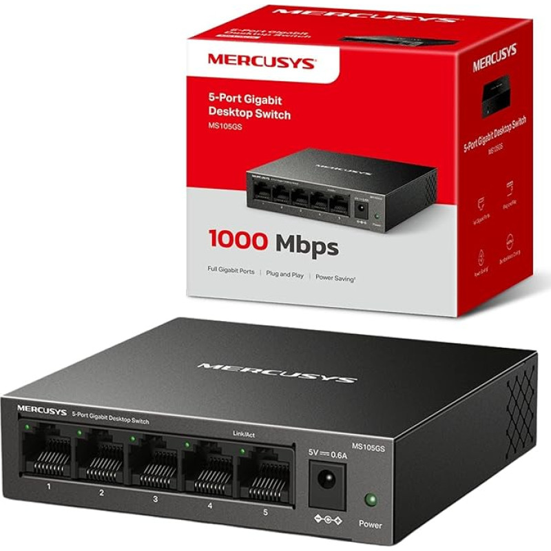 MERCUSYS - 5 prievadų gigabitinis kompiuterių komutatorius 5 prievadai 10/100/1000Mbps Daugkartinis diegimas Automatinis derinimas MDI/MDIX Energiją taupantis metalinis korpusas Plug & Play Ne