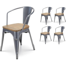 Kosmi - Lot de 4 chaises en métal grey argenté style industriel Avec assise en Bois Clair - Avec accoudoirs