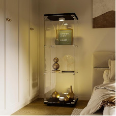 Stiklinė vitrina, svetainės spintelė su LED ir užraktu, kolekcinė spintelė su durelėmis ir 3 lentynomis, baro, svetainės ir valgomojo vitrina, grūdintas stiklas, 42 x 36 x 125 cm