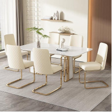 Merax Swing Chairs, Set of 6, Velvet Dining Room Chairs with Metal Support Legs, Comfortable Cantilever Chairs for Living Room, Bedroom, Velvet, Beige & Gold
