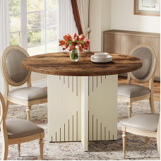 Tribesigns Round Dining Table 4 Seater Farmhouse Dining Table with Pedestal 100cm for Kitchen Dining Living Room Brown and Beige (Table Only)