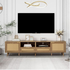 HYUB Retro televizoriaus spintelė iki 85 colių televizoriaus, pinta iš rotango, televizoriaus lenta su daug vietos, televizoriaus staliukas, televizoriaus spintelė svetainėje, žema lenta su 2 durimis ir 2 stalčiais, medžio spalvos