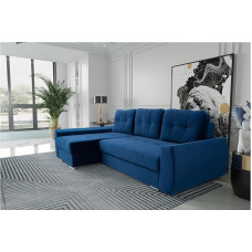 MEBLINI FURLA sofa-lova su lovos dėže - Maža kampinė sofa su miego funkcija - Sofa su poilsio funkcija ir pagalvėle - Maža L formos sofa - Kampinė sofa - FURLA - 250 x 151 x 90 cm kairė - Mėlynas aksomas