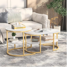2 Round and Oval Coffee Tables Coffee Tables with Storage Space Coffee Table Marble Effect Side Table for Living Room Metal Frame (White+Gold)