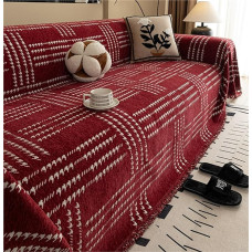 FAWFCJD Dvipusis šenilinis sofos užvalkalas, sustiprintas, paprastas languotas raštas, dvipusis sofos užvalkalas, antklodės, baldų apsauga, sofos užvalkalas, neslystantis sofos užvalkalas, sofos rankšluostis (raudonas, 180 x 130 cm)