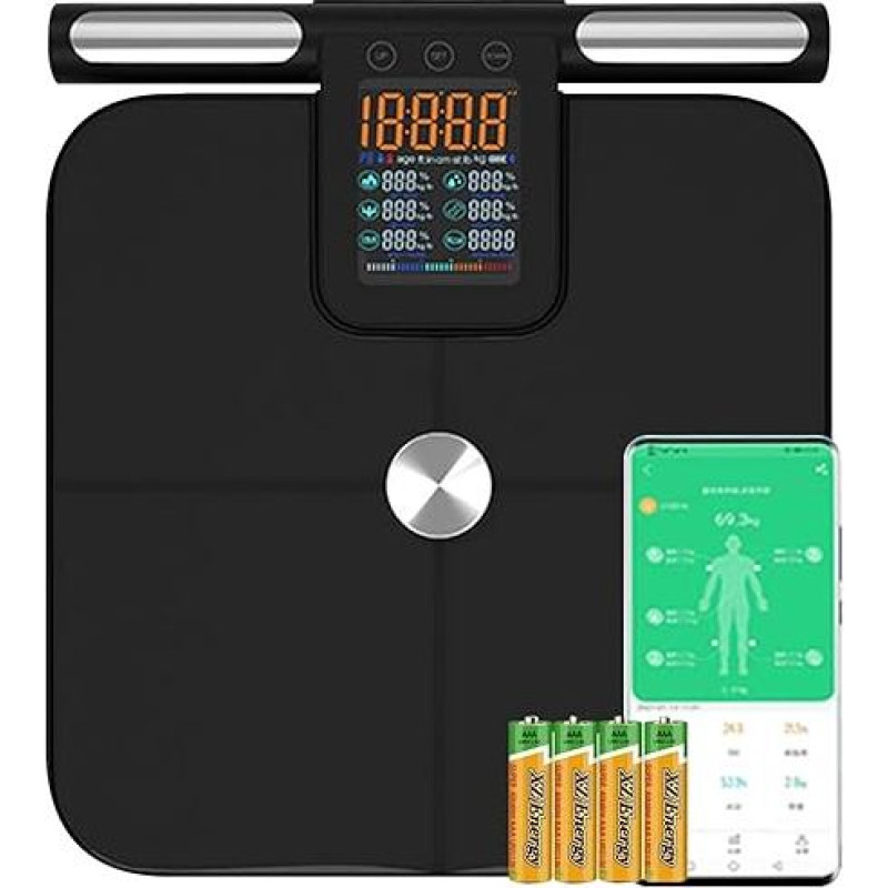 Kūno riebalų svarstyklės su rankiniais jutikliais, kūno analizės svarstyklės su didele ekrano rankena, svarstyklės su 8 didelio tikslumo jutikliais ir programėle, asmeninės svarstyklės su kūno riebalų analize 32 matavimams (juodos spalvos)