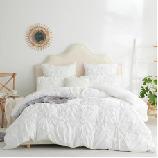 Freyamy Bed Linen, 220 x 240 cm, 3 Pieces, White, Pintuck Pleated Girls' Bed Linen, Pinch Pleat Luxury Bedding Set, 100% Microfibre, Soft Duvet Cover, with Zip and 2 Pillowcases, 80 x 80 cm