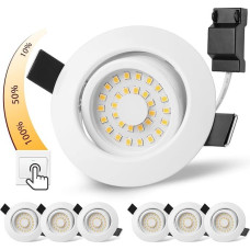 BOYIR LED Recessed Spotlight, Flat, Dimmable, 230 V, 6 x 5 W LED Spotlights, 3 Levels, Dimmable, 3000 K, Warm White, Recessed Lights, 500 lm, 45° Swivelling Recessed Spotlight 68-75 mm, IP44 Ceiling