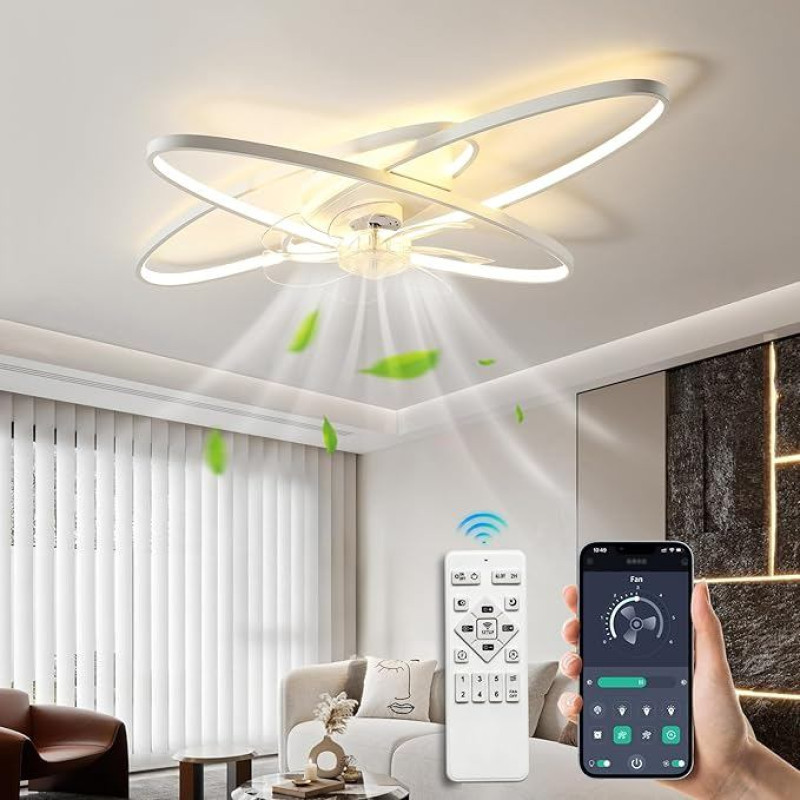 LED lubų ventiliatorius su apšvietimu, lubų lemputė su ventiliatoriumi, 65 W, reguliuojamas apšvietimas, programėlė ir nuotolinio valdymo pultas, 6 vėjo greičiai, tylus lubų ventiliatorius su apšvietimu, lubų apšvietimas svetainei, miegamajam