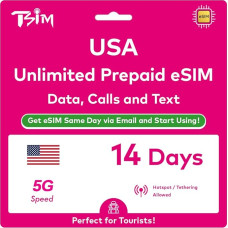 USA eSIM 14 Days Unlimited High Speed Data, Local Calls and SMS on T Cellular Network (Hawaii Included). No Waiting for the Package. Receive eSIM the same day via email and get started