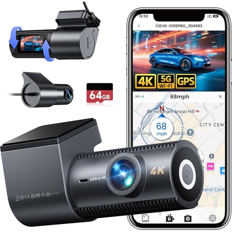 CIEVIE 4K Dash Cam automobilio priekinė galinė kamera su GPS 5GHz WiFi, dviguba Dash Cam 1,5 colio IPS ekranas, automobilio kamera su 64GB SD kortele, 170° platus kampas, G jutiklis, WDR naktinis matymas, įrašymas kilpa, palaiko 256GB Max