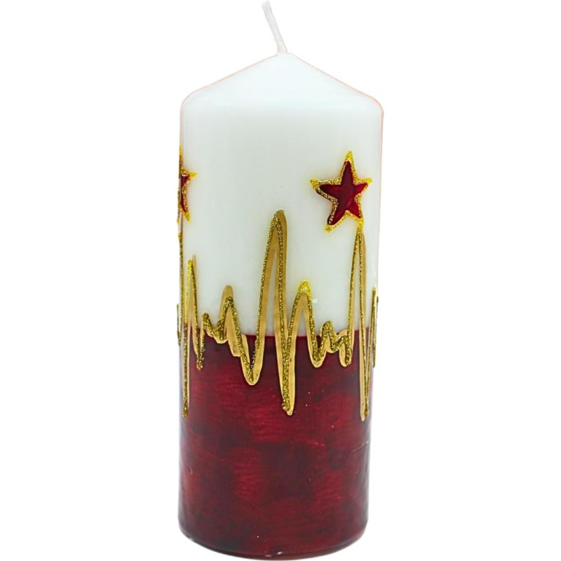 Elegantiška stulpinė žvakė, stalo žvakė, dekoratyvinė žvakė, vaškinė žvakė su kalėdiniu motyvu, kalėdinė žvakė kaip stulpinė kalėdinė žvaigždė, baltos, raudonos ir auksinės spalvos, aukštis: apie 17 x 6 cm.