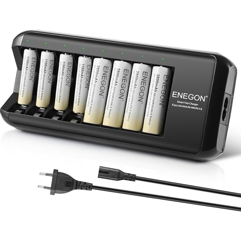 ENEGON akumuliatorių įkroviklis (8 lizdų) su 4 x 1100 mAh AAA ir 4 x 2800 mAh AA akumuliatoriais, įkraunamas, didelės talpos AA ir AAA akumuliatorių įkroviklis, greitas AA/AAA NI-Mh akumuliatorių įkroviklis