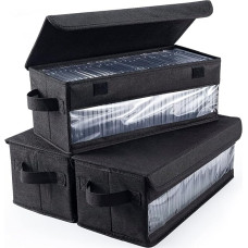CD Storage Box with Visible Window, CD Case Container for 32 CDs, DVD Storage Box with Lid and Handle, Foldable Storage Box Suitable for CDs, Books, Documents, Toys, Black, Pack of 3