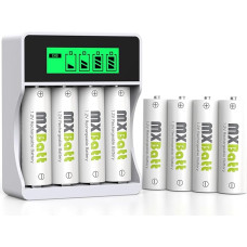MXBatt AA įkraunama baterija, 1,2 V, 3200 mAh, 8 AA baterijų pakuotė su įkrovikliu, daugialypė apsauga, 4 įkrovimo vietos, LCD ekranas