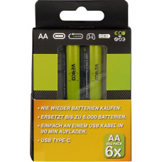 VERICO LoopEnergy AA 2550 įkraunama USB-C baterija AA 1,5 V 2550 mWh (1700 mAh) Li-Ion, 6 vnt., greitas įkrovimas per USB-C jungtį per maždaug 2 val., 3 x 2 pakuotės AA, 3 kabeliai USB-A į 2 x USB-C
