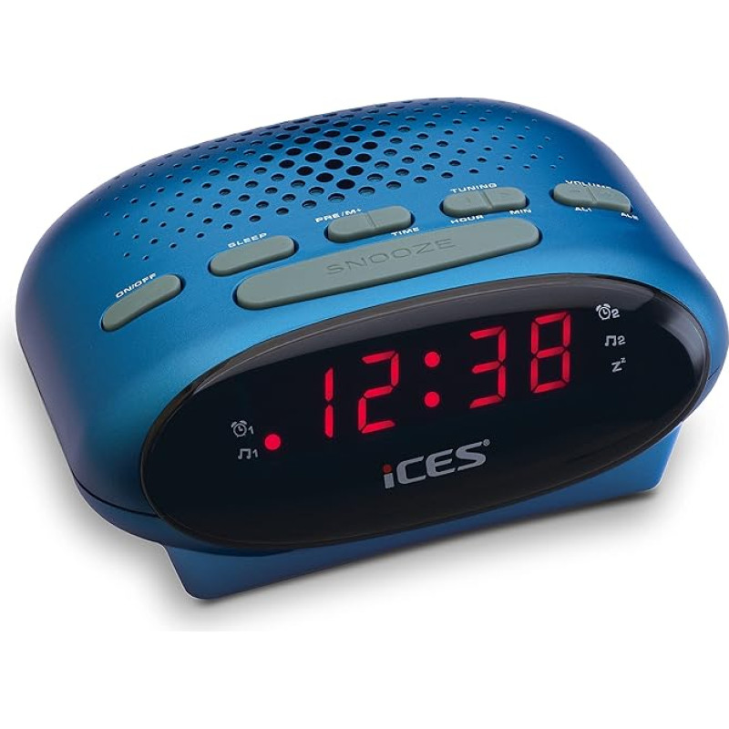 iCES ICR-210 radijo laikrodis (2 kartus žadintuvas, snaudimo funkcija, miego laikmatis), mėlynos spalvos