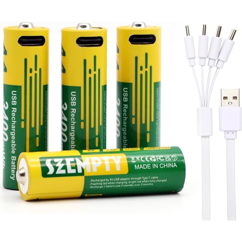 SZEMPTY 3400 mWh AA įkraunamos baterijos, 4 pakuotės, 2250 mAh 1,5 V USB-C ličio AA įkraunama baterija, su 4-in-1 C tipo įkrovimo kabeliu, daugiau kaip 1200 ciklų.