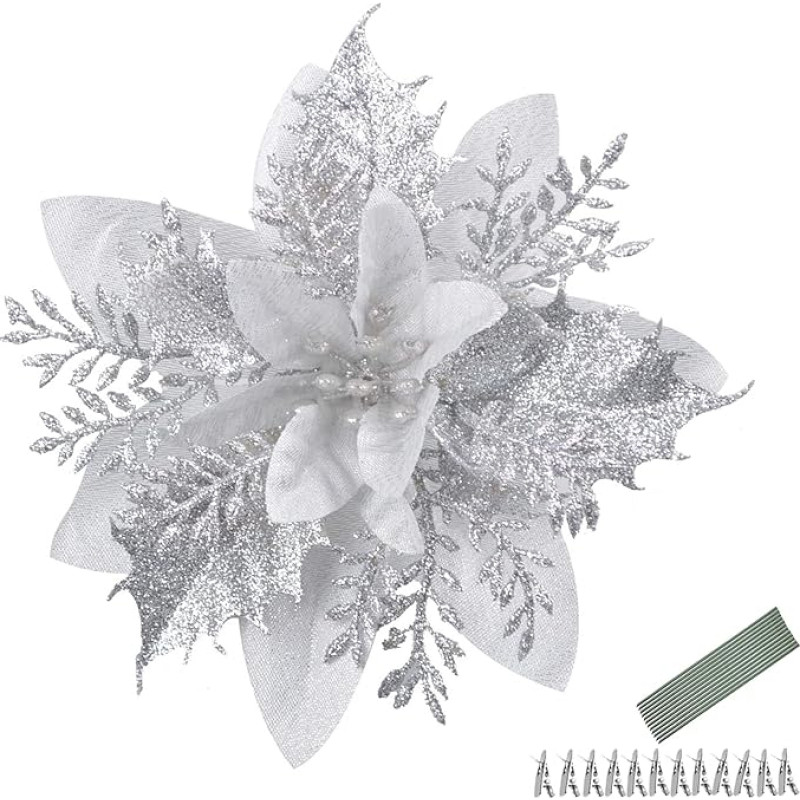 Morofme Pakuotė iš 12 5,5 colio sidabrinės puansetijos dirbtinių gėlių Kalėdų gėlės su spaustukais ir stiebais Blizgučiai Kalėdų eglutės dekoracijos Kalėdų vainikams Šventės Sezoninės dekoracijos