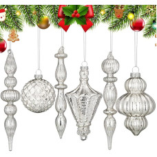 Colingmill Derliaus sidabro Kalėdų gyvsidabrio stiklo ornamentų rinkinys 20 cm Finial ornamentai 8,9 cm kabantys kalėdiniai baubliai Kalėdų eglutės dekoracijoms Xmas Holiday Decor