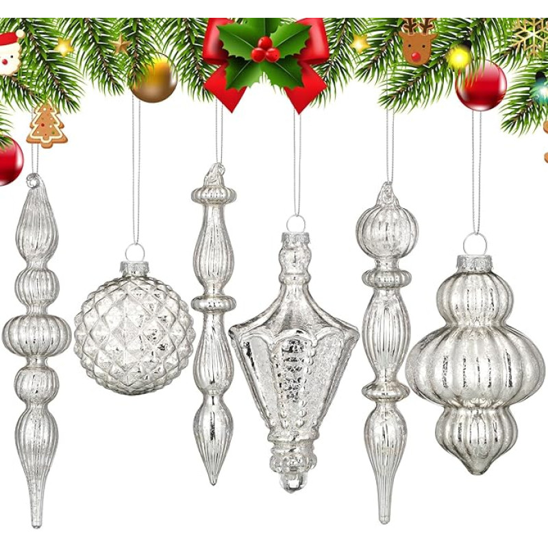 Colingmill Derliaus sidabro Kalėdų gyvsidabrio stiklo ornamentų rinkinys 20 cm Finial ornamentai 8,9 cm kabantys kalėdiniai baubliai Kalėdų eglutės dekoracijoms Xmas Holiday Decor