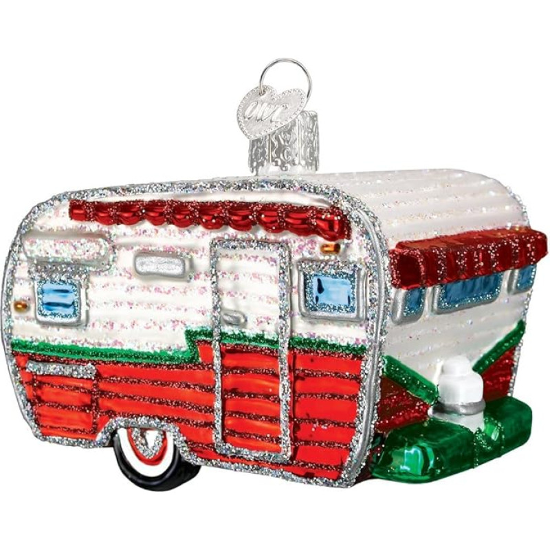 Old World Christmas Camping Outdoor Collection Raudona žalia žalia balta stiklo papuošalai eglutei RV