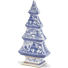 Two's Company 12-Inch Mini Chinoiserie Ceramic Christmas Tree Decoration, Blue and White