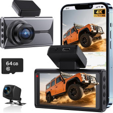 Antfutre Dash Cam Car Front Rear 4K + 1080P, Dash Cam with 64GB SD Card, 3 Inch Screen Car Cameras with GPS, WiFi, App, HDR, G-Sensor, 24/7 Parking Monitoring, Loop Recording