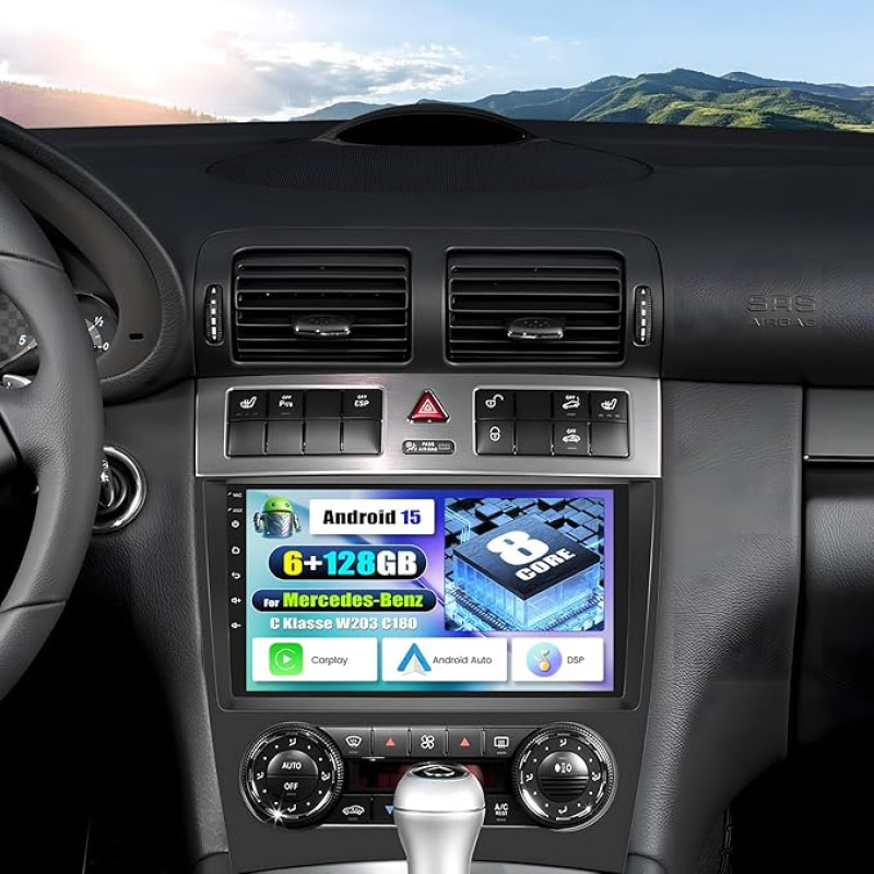 SIXWIN 8 branduolių 6+128G Android 13 automobilinis radijas su Carplay/Android Car/DSP, skirtas Mercedes Benz C klasės W203 W209 C180 C200 2005-2009.9 colių jutiklinis ekranas su GPS WiFi Bluetooth 5.0 FM RDS USB MirrorLink 32EQ