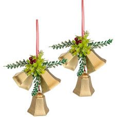 Weihnachtsdeko Glocken 2er Set – goldene Glocken mit Zweigen Beeren und Schleife – Festliche Hängedeko Weihnachten – Christbaumschmuck Türdeko Fensterdeko – ca. 25 x 16 x 9 cm – elegant & klassisch