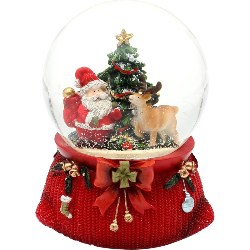 Didelis sniego gaublys, Kalėdų Senelis su elniu ir Kalėdų eglute, su garsu, ant dekoruoto pagrindo, matmenys (D x Š x V): 10 x 10 x 14 cm, rutulio skersmuo 10 cm