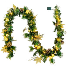 FANTASK 270cm Dekoratyvinė Weihnachtsgirlande mit 50 LEDs warmweiß, Tannengirlande Künstlich mit Tannenzapfen & goldenen Kugeln, Weihnachtsdeko für Kamine Treppe Innen Außen (Grün)