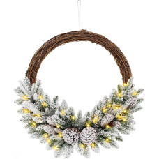 FANTASK 60cm Weihnachtskranz, künstlicher Türkranz beleuchtet mit 35 warmweißen Lichtern & 65 Zweigen, schneebedeckter Feiertagskranz für Innen & Außen