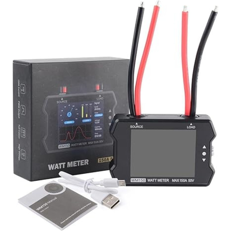 WM150 Leistungsanalysator, 150 A, 50 V, LCD-Display, Watt-Messgerät, Spannungstester, mit Signalunterstützung und USB-Firmware-Upgrade für elektrische Geräte, Schwarz (A)