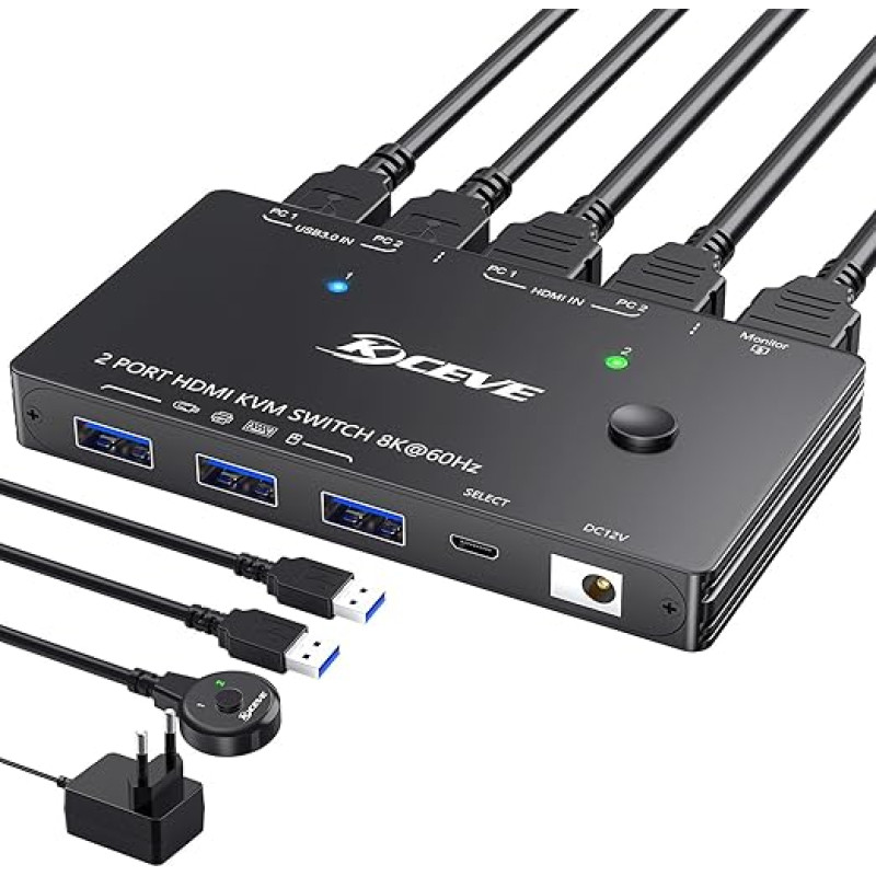YOUTINGHDAV USB 3.0 KVM jungiklis HDMI 2 prievadai 8K @ 60Hz 4K @ 120Hz, HDCP 2.3 HDMI 2.1 KVM jungiklis 2 kompiuteriai 1 monitorius Dalytis klaviatūra pelė su laidiniu nuotolinio valdymo pultu