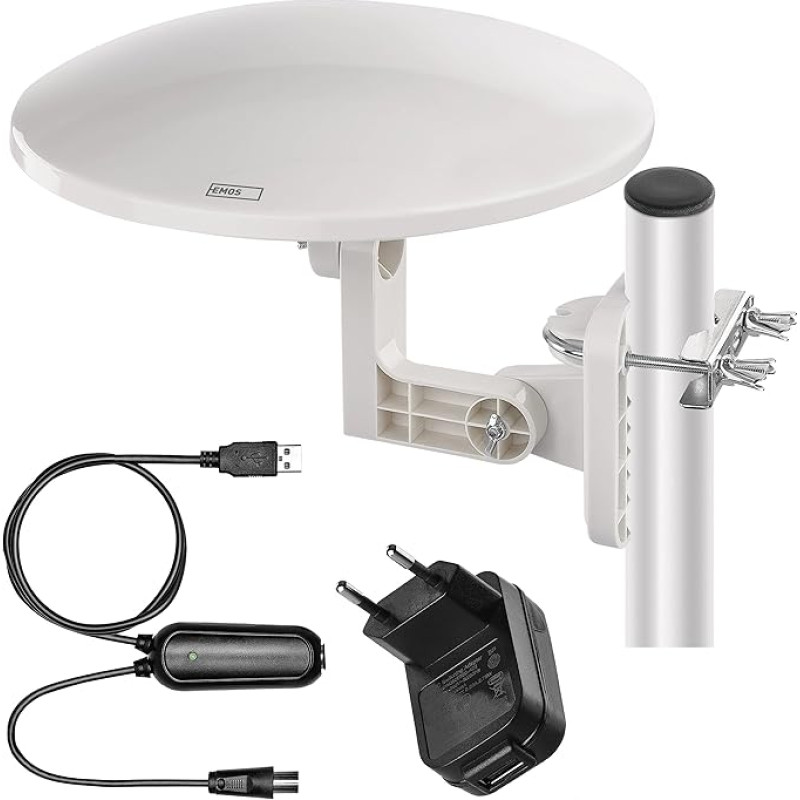 EMOS - Skaitmeninė antena su stiprintuvu - skirta lauko darbams - Aktyvioji antena Village - 0-80 km diapazonas - FM/DAB/DVB-T/DVB-T2 - Integruotas LTE/4G/5G filtras - 360° priėmimo kampas - Atsparus oro sąlygoms, UV spinduliams