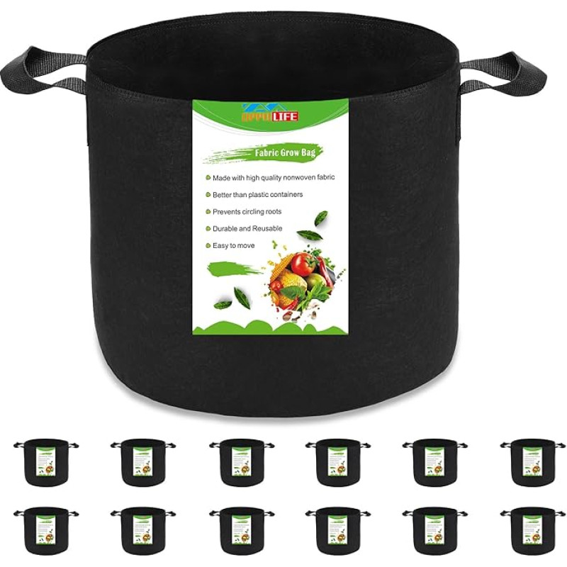 OPPOLIFE 12 Pack Black Plant Grow Bags Heavy Duty Ventilated Fabric Pots with Handles for Garden and Outdoor Planting