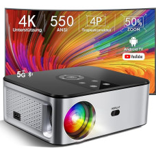 HORLAT Projector 4K Home Cinema 25000 Lumens, Full HD 1080P Android TV, WiFi 6 Bluetooth Projector, Auto/4P Keystone Correction 50% Zoom Smart Projector for Smartphone/TV Stick