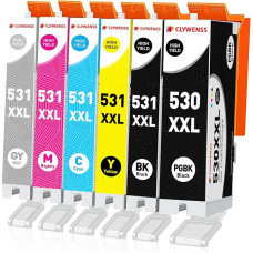 Clywenss PGI-530 CLI-531 XXL Printer Cartridges Compatible with Canon 530 531 PGI530 CLI531 Cartridges for Pixma TS8750 TS8751 TS-8750 TS-8751 Inks Pack of 6 (PGBK, Black, Cyan, Magenta, Yellow, Grey)