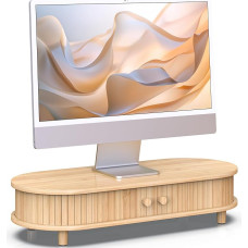 WELL WENG bambuko monitoriaus stovas su laikymo vieta, išlenktas kompiuterio nešiojamojo kompiuterio stovas, rašomojo stalo lentynos organizatorius su stumdomomis durelėmis (64,4 cm)