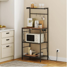 MAHANCRIS ABRHR35UE01 Virtuvės lentyna, stovinti lentyna, kepinių lentyna su kištukiniu lizdu, 6 kabliukai ir 4 pakopos, 57 x 35 x 131,7 cm, mikrobangų krosnelės stovas virtuvei, valgomajam, svetainei, senovinė, ruda ir juoda spalvos