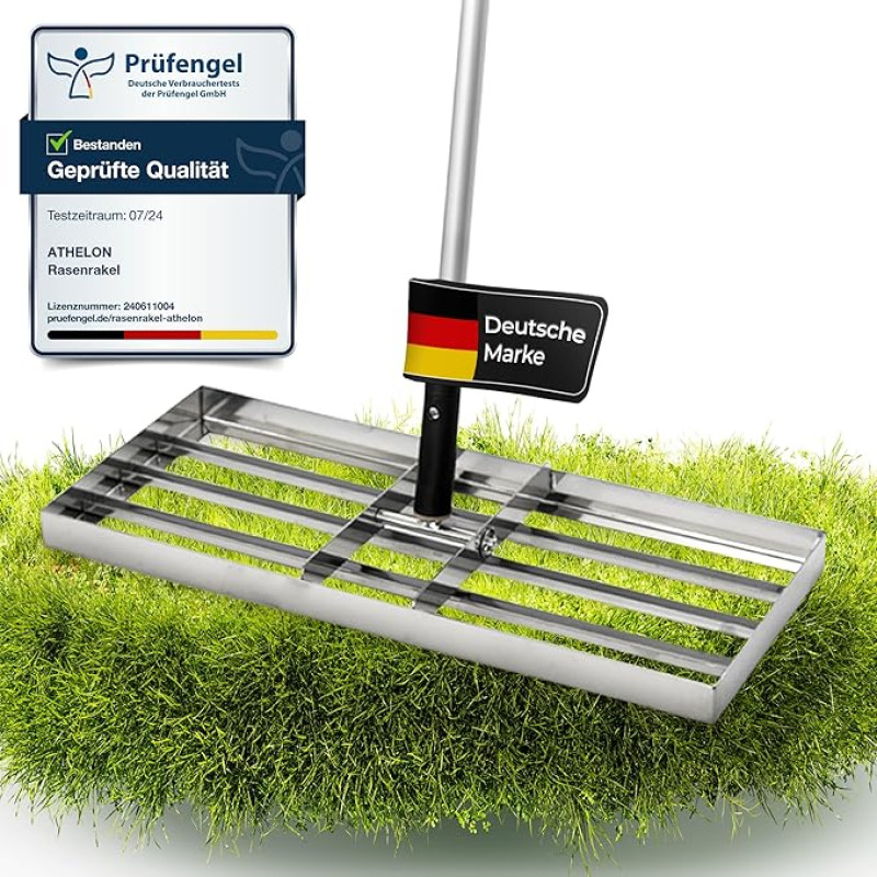 ATHELON® Vejos grėbliukas su gumine rankena - stabilus ir patvarus - išlyginamasis grėbliukas, skirtas išlyginti veją, smėlį ir dirvožemį - nerūdijančio plieno vejos grėbliukas - stiprus metalinis strypas