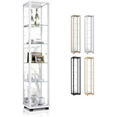 K-Möbel stiklinė balta vitrina (176 x 37 x 33 cm) su 4 reguliuojamo aukščio stiklinėmis lentynomis ir veidrodžiu, automobilių modelių vitrina, balta, kolekcinė vitrina, svetainės spinta, lentyna,